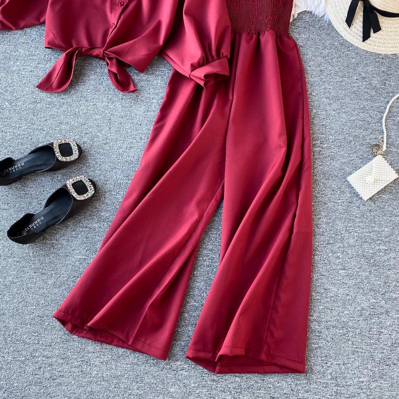 Chic High-Waisted Wide Leg Jumpsuit with Shirt Overlay - Trendy Mix