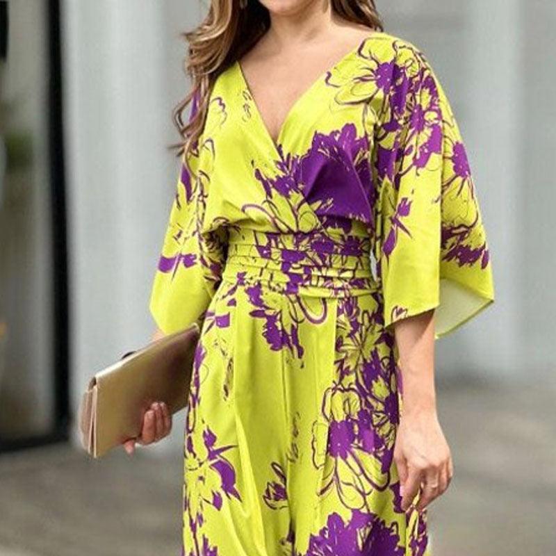 Printed High-Waist Batwing Sleeve Jumpsuit with Loose Fit - Trendy Mix