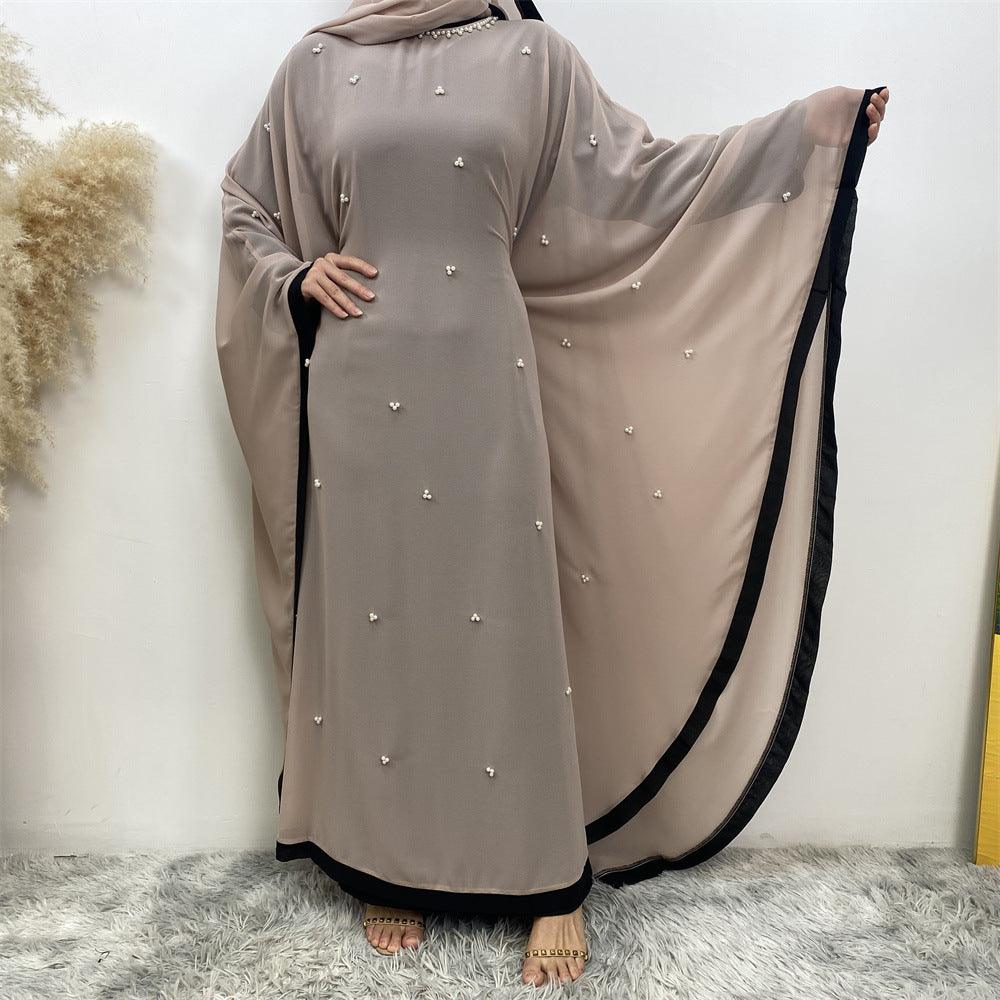 Chic Batwing Sleeve Chiffon Muslim Robe with Elegant Patchwork for Middle Eastern Fashion - Trendy Mix