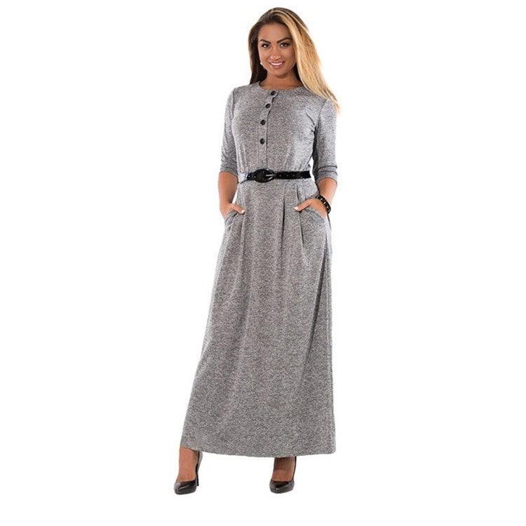 Autumn Clothes Plus Size Women's Clothes Dress Solid Color Long Sleeve High Waist Belt - Trendy Mix