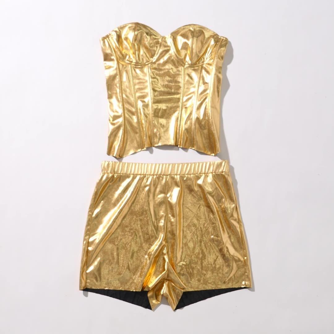 Casual Faux Leather Metallic Tube Top Shorts Two-piece Suit - Trendy Mix