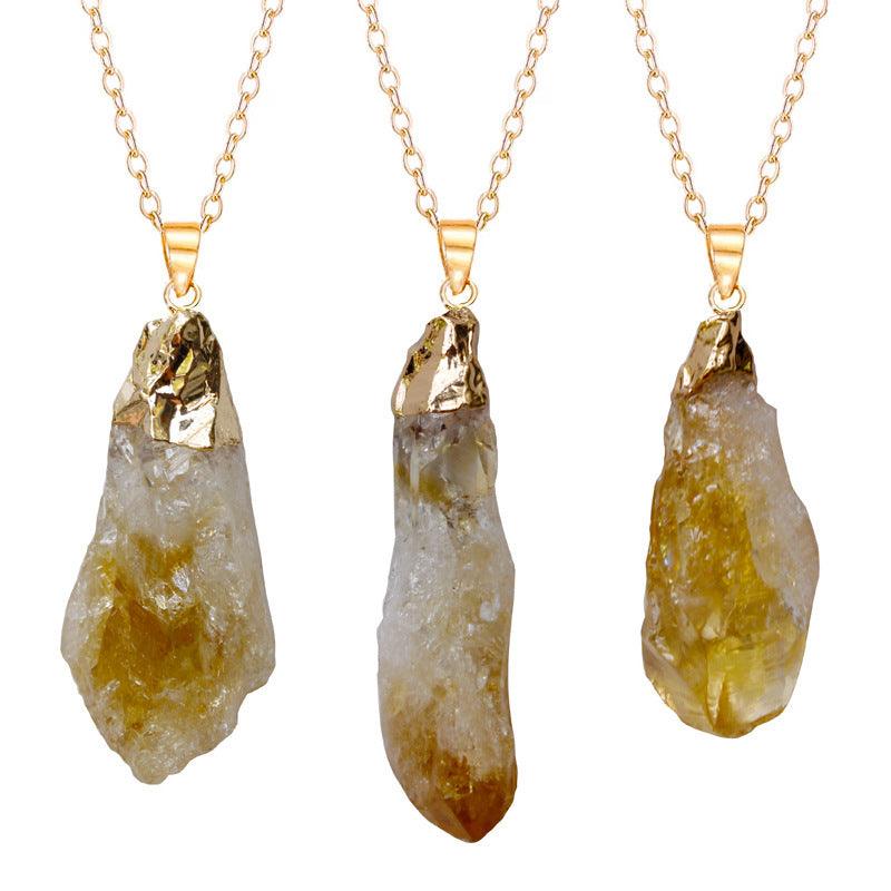 Irregular Natural Brazil Citrine Silver Edge Gold Plated Head Natural Raw Gemstone Necklace Pendant - Trendy Mix