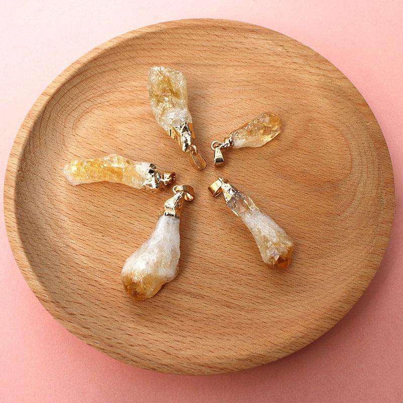 Irregular Natural Brazil Citrine Silver Edge Gold Plated Head Natural Raw Gemstone Necklace Pendant - Trendy Mix