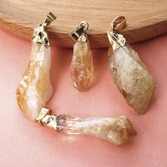 Irregular Natural Brazil Citrine Silver Edge Gold Plated Head Natural Raw Gemstone Necklace Pendant - Trendy Mix