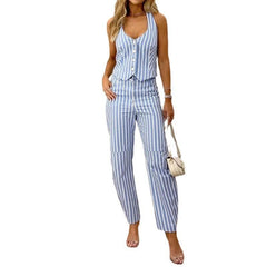 Striped Printed V-neck Sleeveless Suit - Trendy Mix