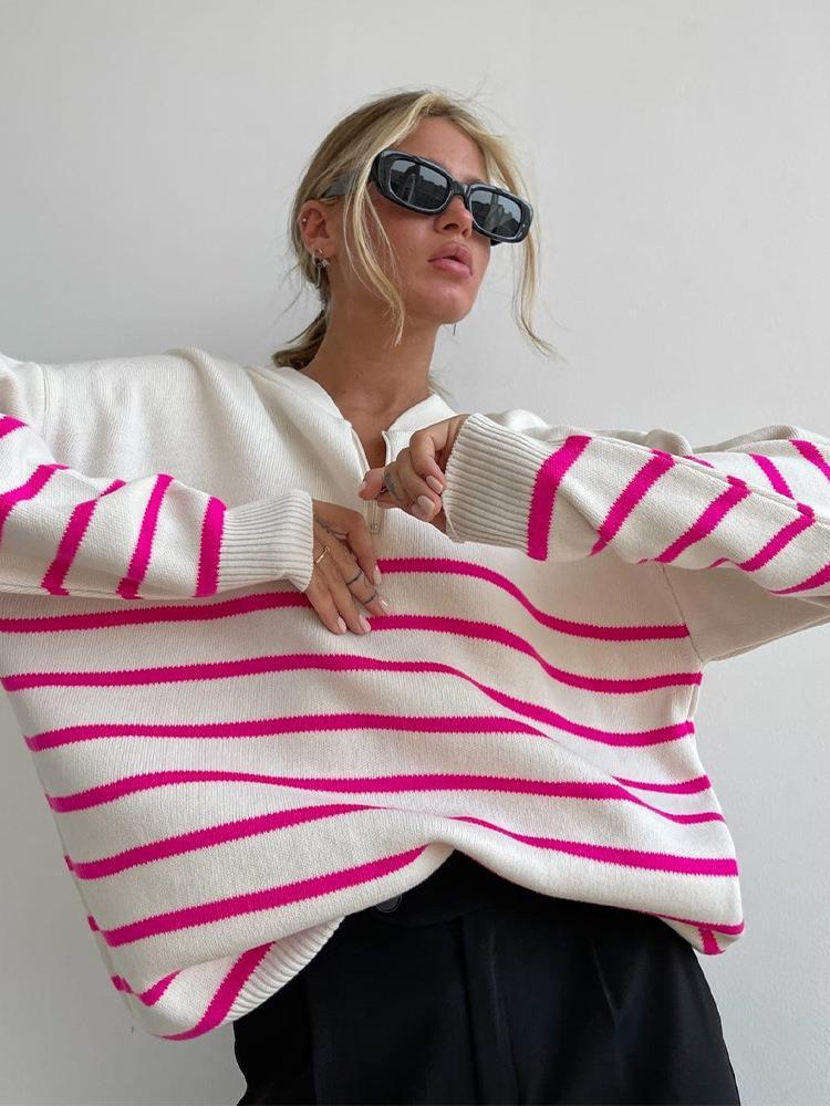 Zipped Round Neck Striped Sweater Women Loose Plus Size Knitwear - Trendy Mix