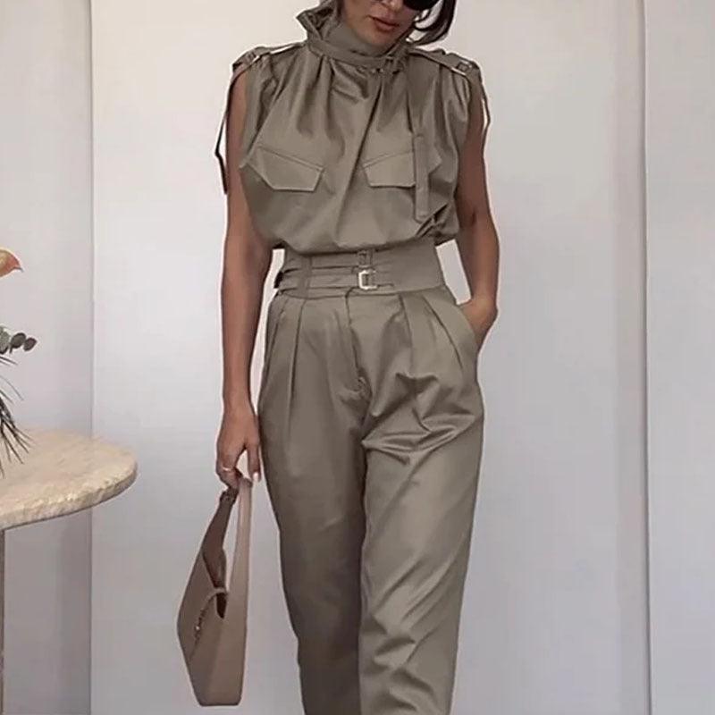 Shoulder and waist enhancement Belt Blouse And Pants - Trendy Mix