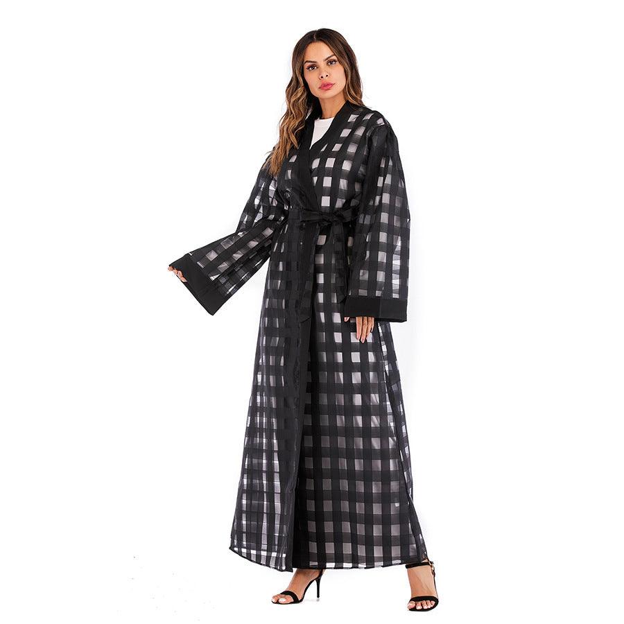 Muslim Ladies' Checkered Loose-Fit Lace-Up Robe - Trendy Mix