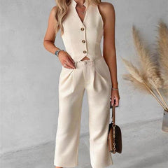 Apricot Button-Up Sleeveless Two-Piece Set - Trendy Mix