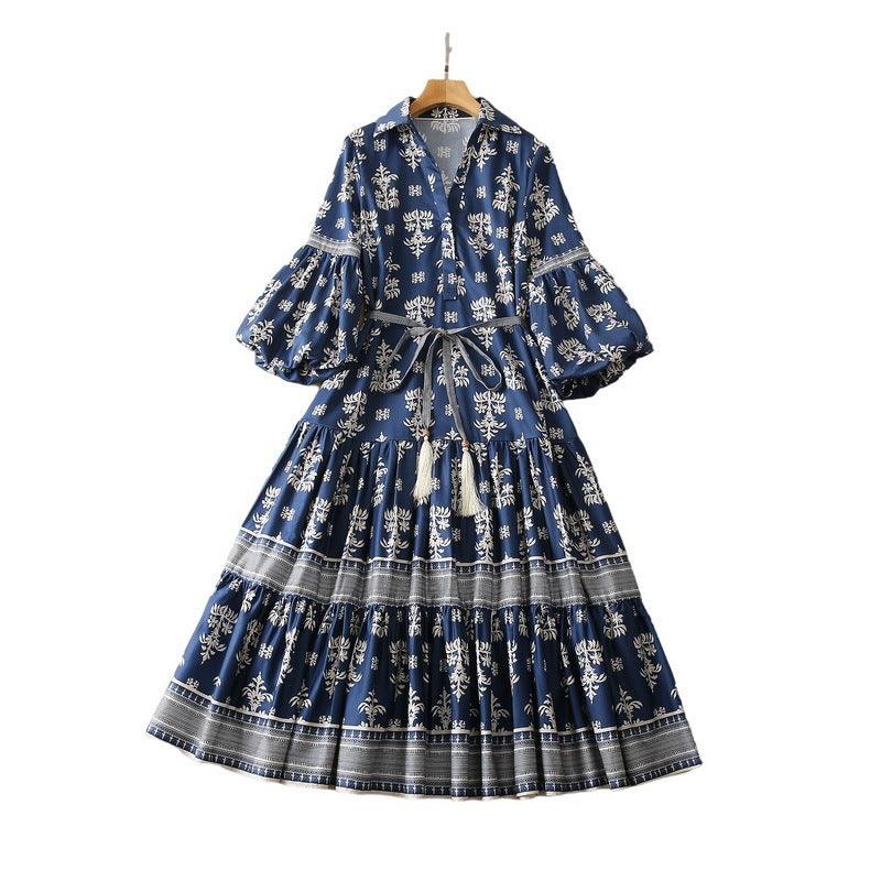 V-neck Lace-up Lantern Sleeve Cotton Silk Printing Dress - Trendy Mix