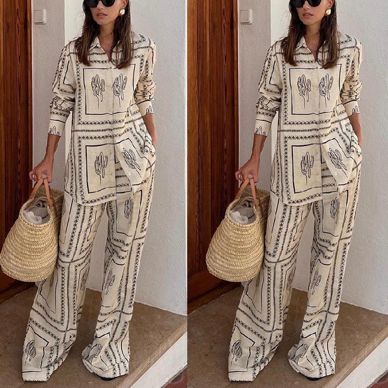 Printed Long-sleeved Shirt And Trousers Two-piece Suit Home Wear - Trendy Mix