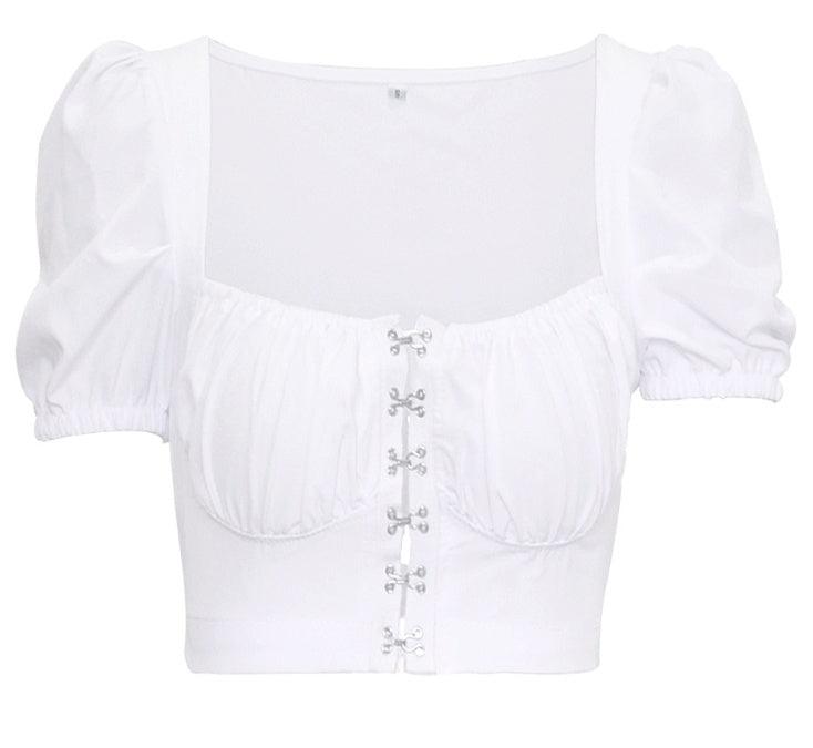 Puff Sleeve Collar Buttoned Crop Top - Trendy Mix