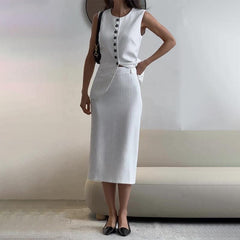 Women's Round-neck Striped Single-breasted Vest Top High Waist A- Line Skirt Suit - Trendy Mix