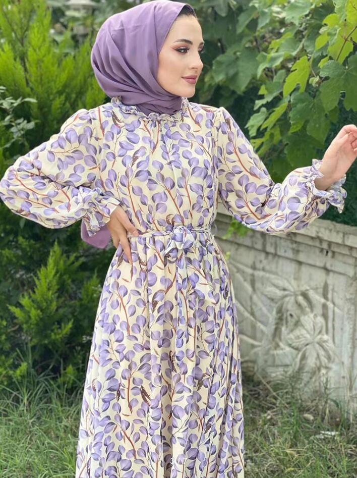 Ruffled Collar Printed Modest Muslim outfit-Set - Trendy Mix