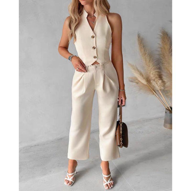 Apricot Button-Up Sleeveless Two-Piece Set - Trendy Mix