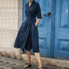 Cotton And Linen Half Sleeve Lace-up Turn-down Collar Large Swing Dress - Trendy Mix