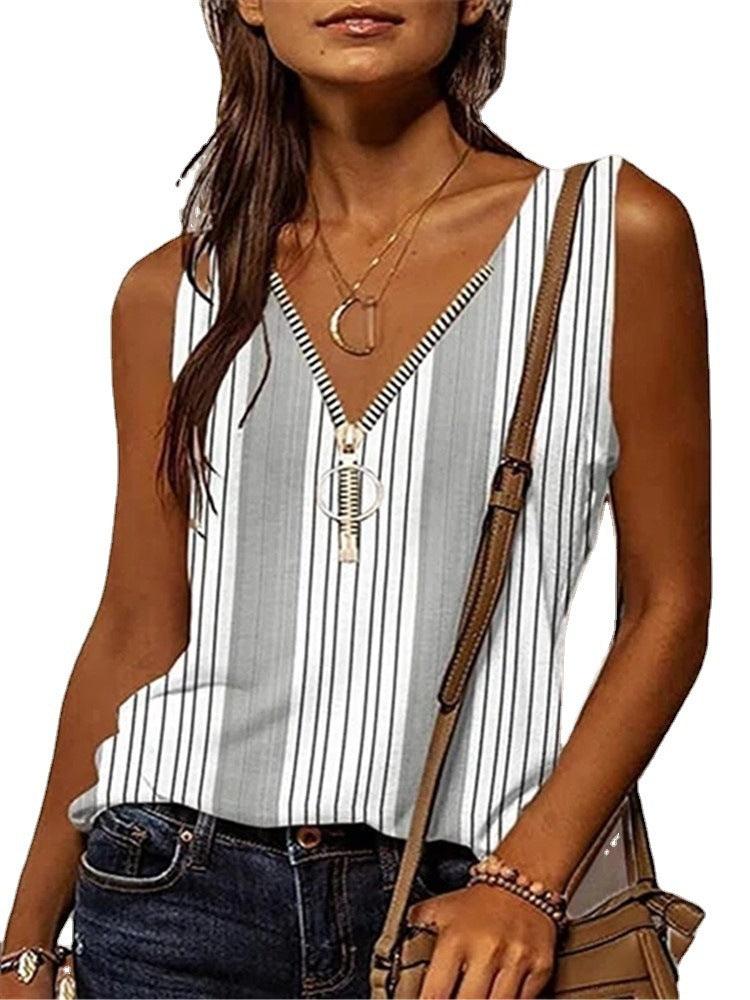 Women's V-Neck Low Cut Color Contrast Loose Sleeveless T-Shirt Tank Top - Trendy Mix