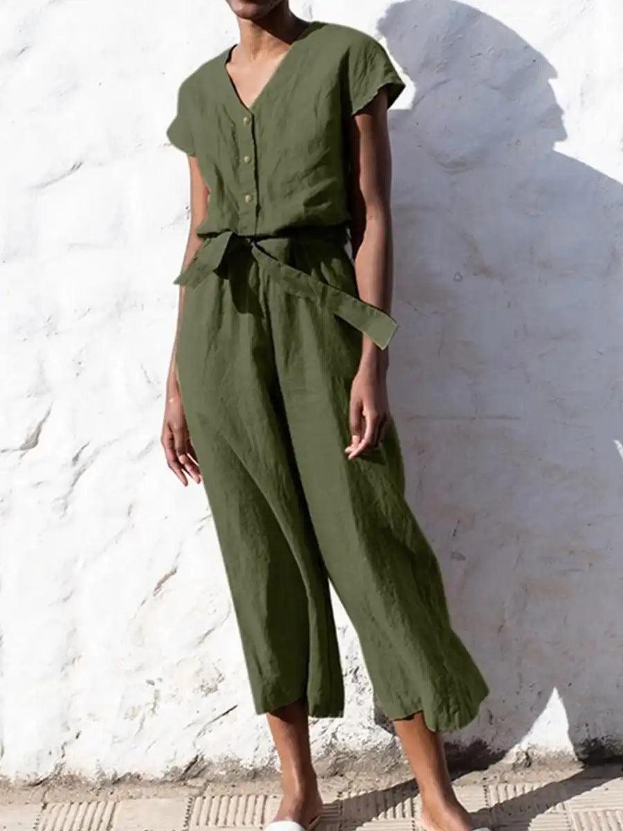 Chic Women's V-neck Cropped Jumpsuit with Lace-up Detail and Short Sleeves - Trendy Mix