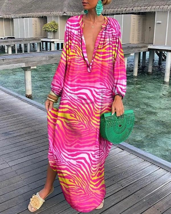 Printed Pullover Long Sleeve V-Neck Swing Loose Long Dress - Trendy Mix