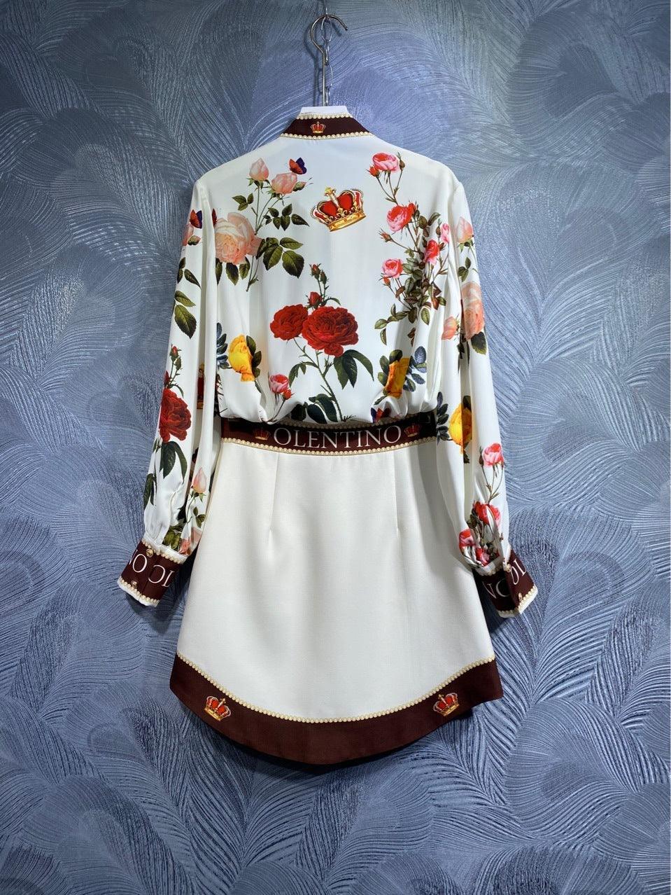 Printed Long-sleeved Mid-length Dress - Trendy Mix