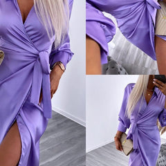 European And American Satin Waist Shirt Dress - Trendy Mix