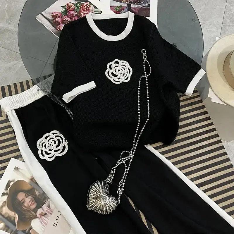 Rose Blossom: Embroidered T-Shirt & Pants Set - Trendy Mix