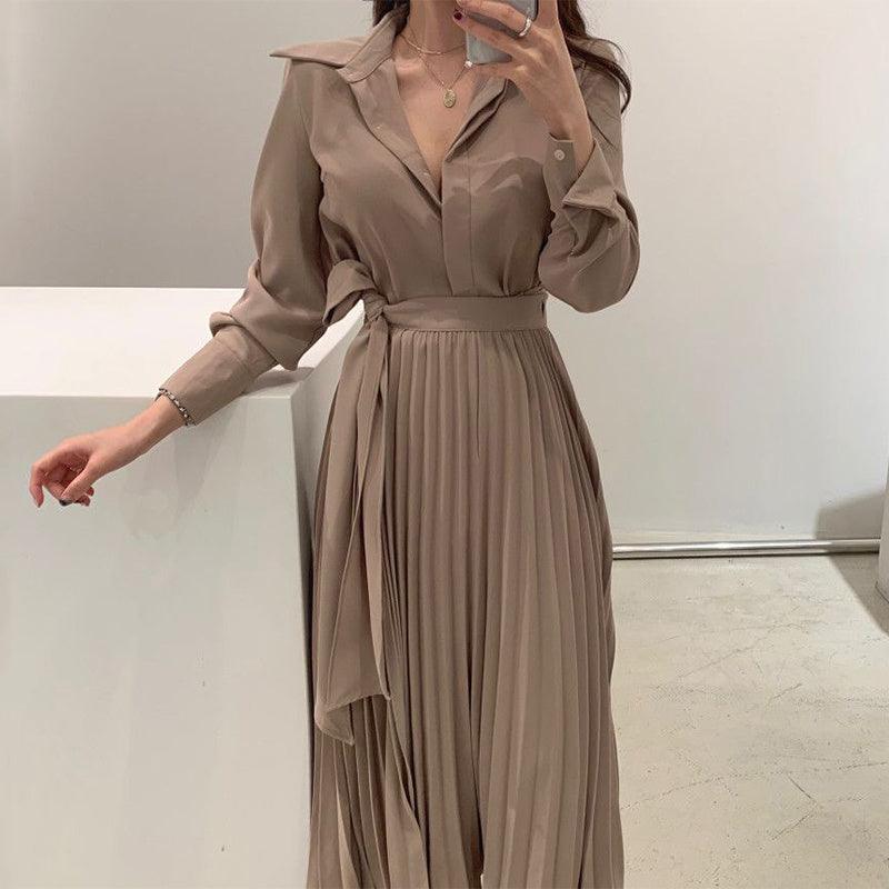 Women's Stitching One Piece Tie Waist Long Sleeve Pleated Dress - Trendy Mix