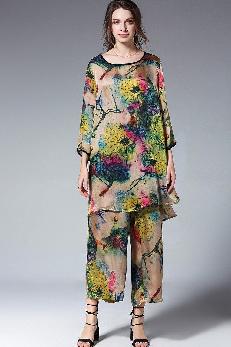 Loose Printed Lotus Satin Silk Suit Crew Neck - Trendy Mix