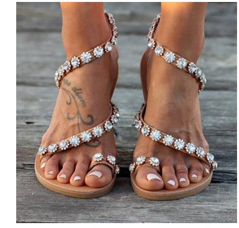 Handcrafted Rhinestone-Embellished Flat-Bottom Sandals with Floral Design for Women- Collection - Trendy Mix