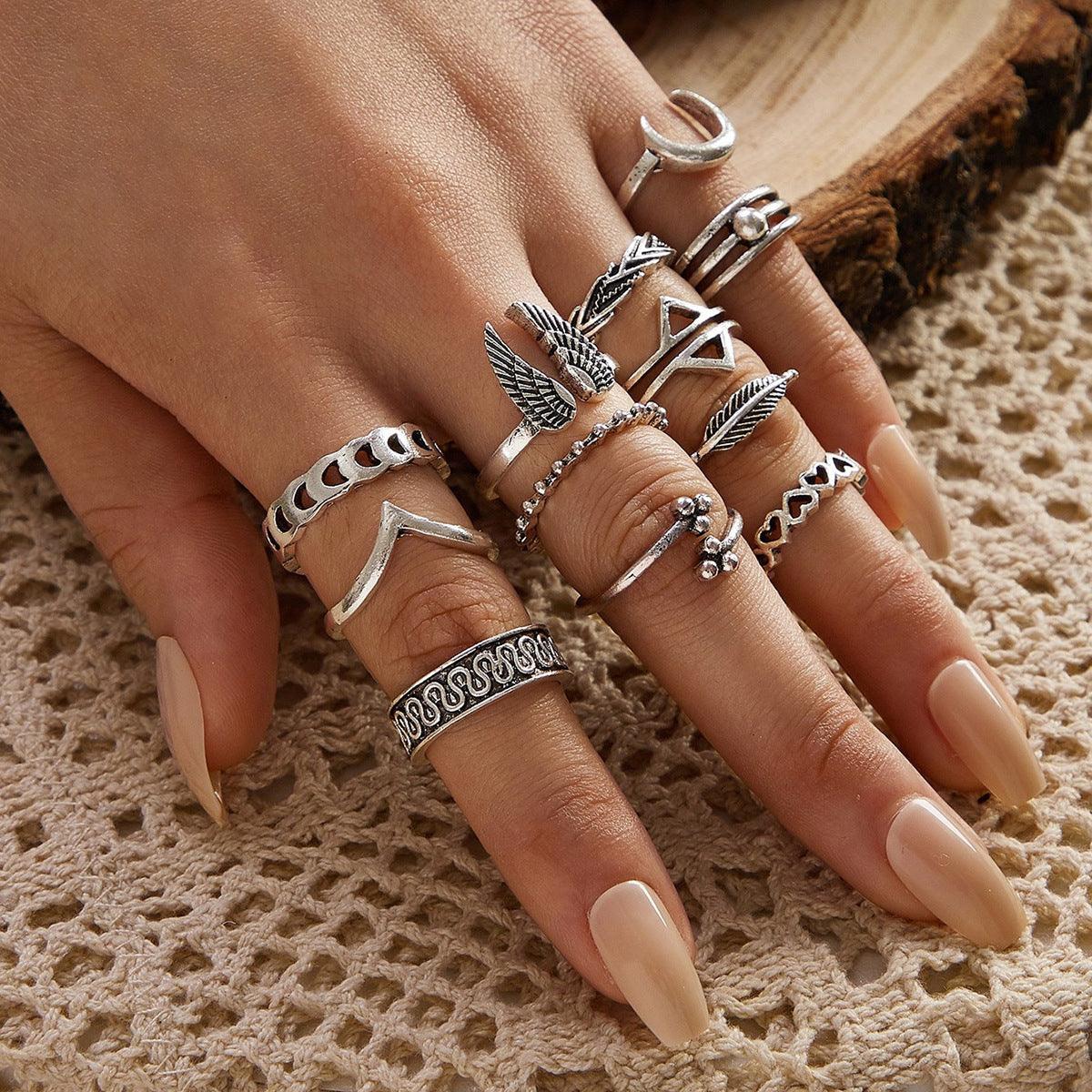 Retro Wings Triangle Moon Geometry Twelve Piece Set Ring - Trendy Mix