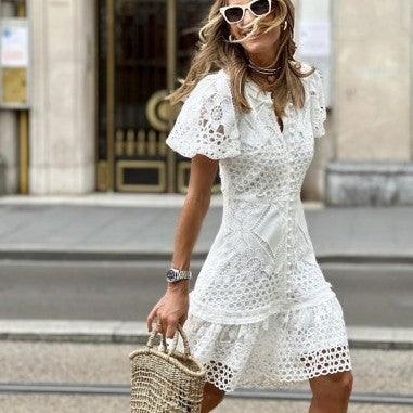 Women's Lace Package Hip Short Sleeve Dress - Trendy Mix