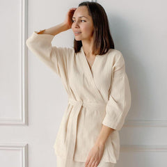 Cotton Crepe Pajamas Two-piece Loose Cardigan Lace-up Nightgown Ladies' Homewear - Trendy Mix