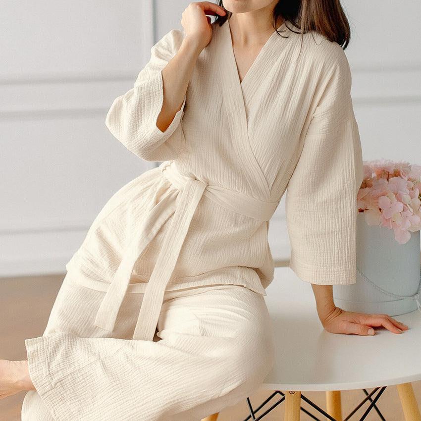 Cotton Crepe Pajamas Two-piece Loose Cardigan Lace-up Nightgown Ladies' Homewear - Trendy Mix