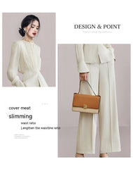 Chic Beige Apricot Long Sleeve Two-Piece Set with Wide-Leg Pants - Trendy Mix