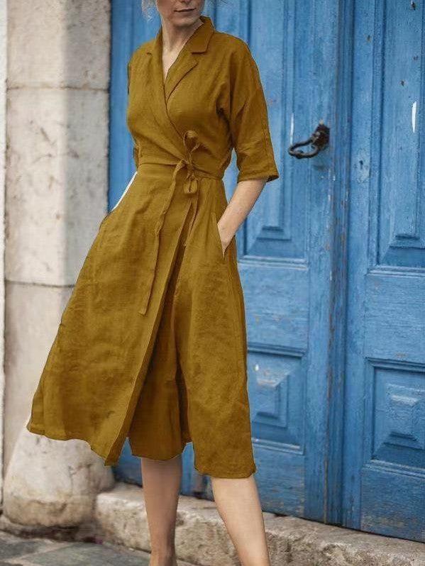 Cotton And Linen Half Sleeve Lace-up Turn-down Collar Large Swing Dress - Trendy Mix