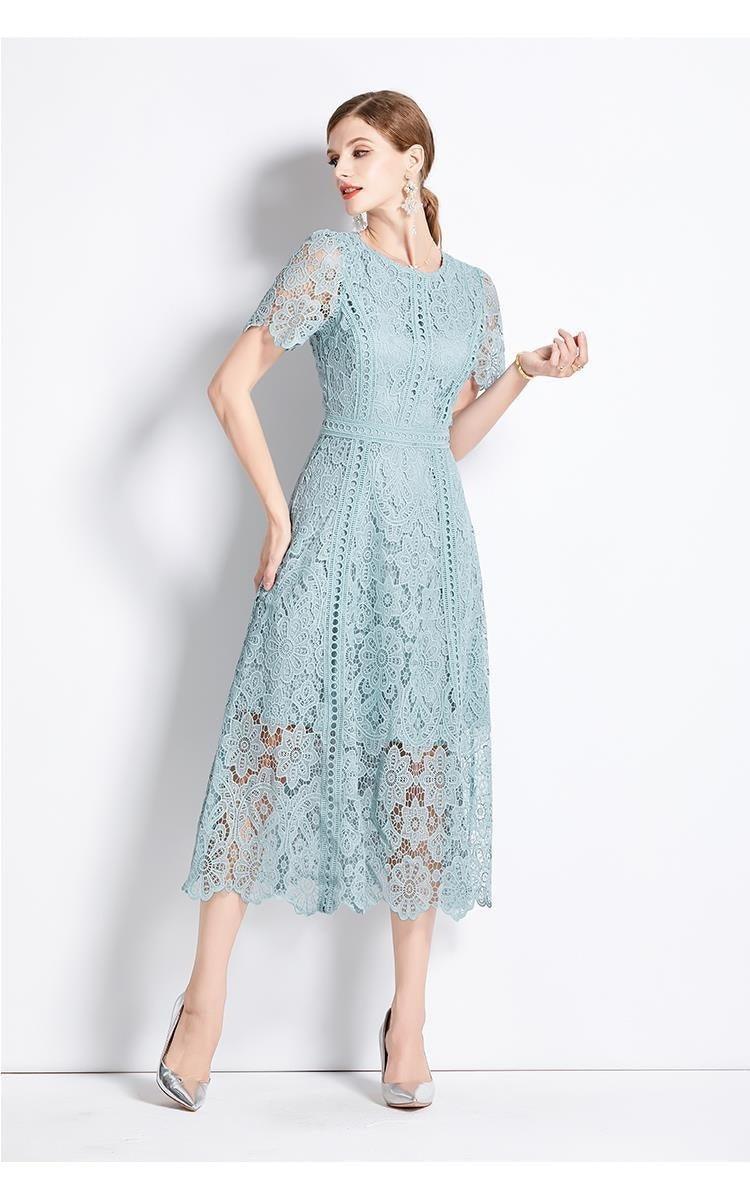 Round Neck Ruffle Sleeve Lace Slimming Temperament Elegant Dress - Trendy Mix