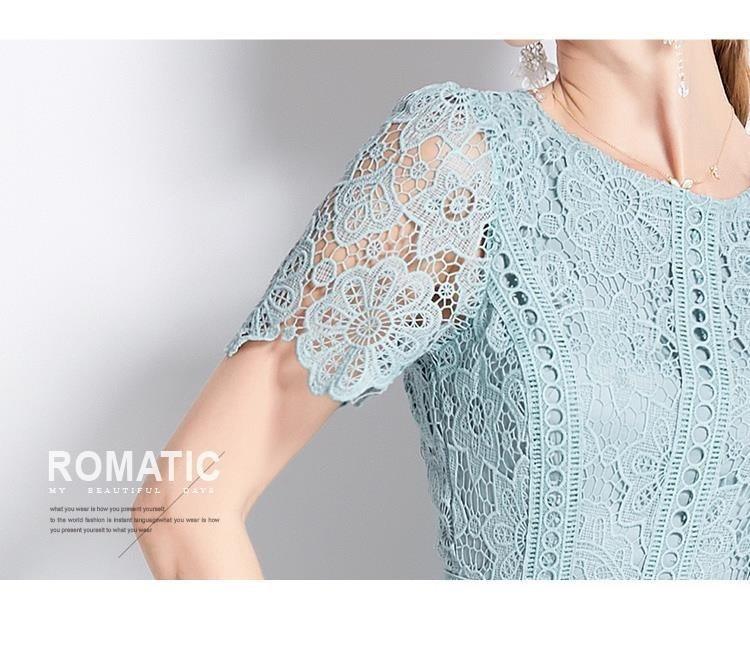 Round Neck Ruffle Sleeve Lace Slimming Temperament Elegant Dress - Trendy Mix