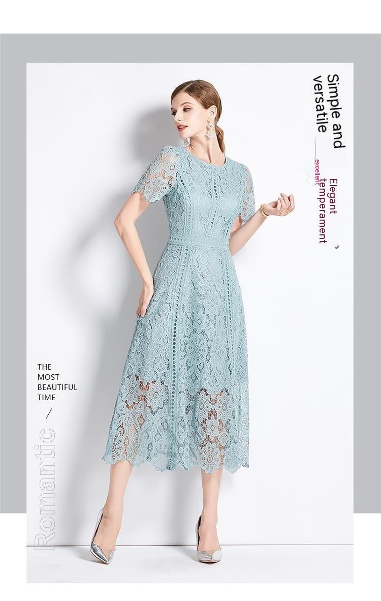 Round Neck Ruffle Sleeve Lace Slimming Temperament Elegant Dress - Trendy Mix