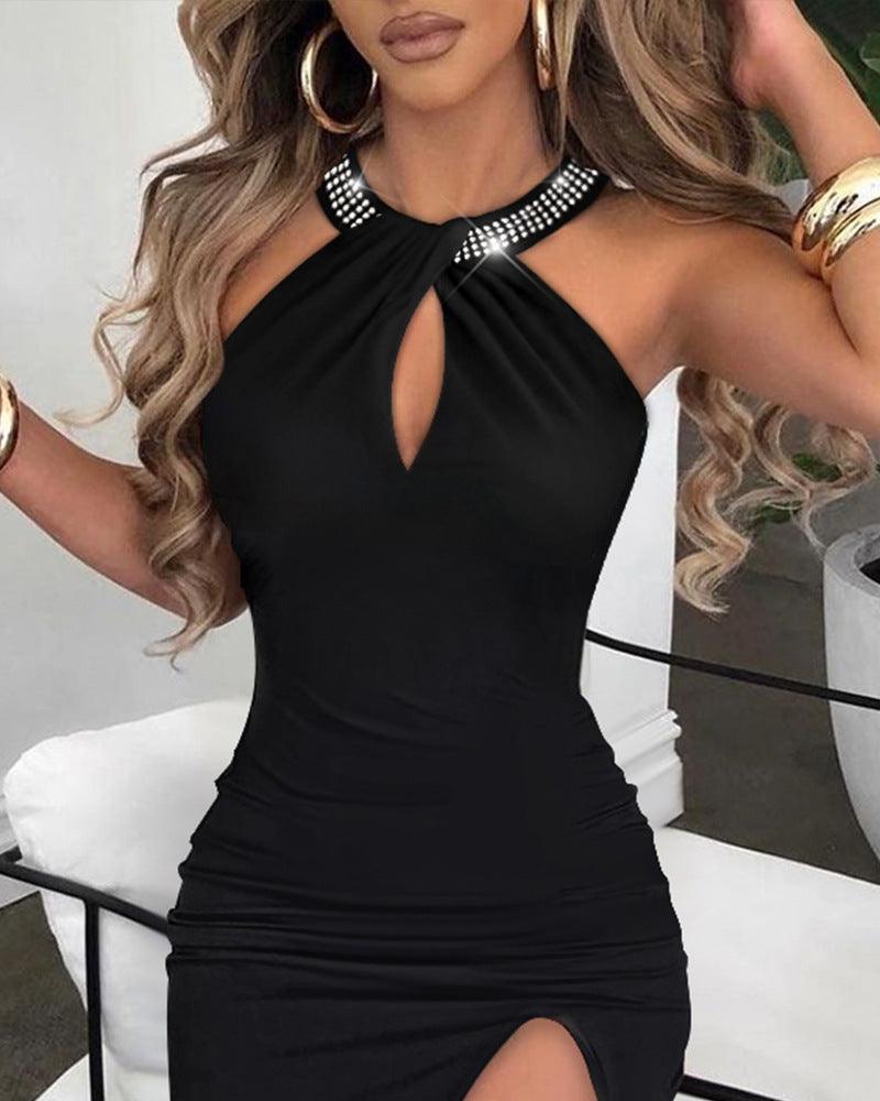 Fashion Halter Rhinestone Dress Sleeveless Slit - Trendy Mix