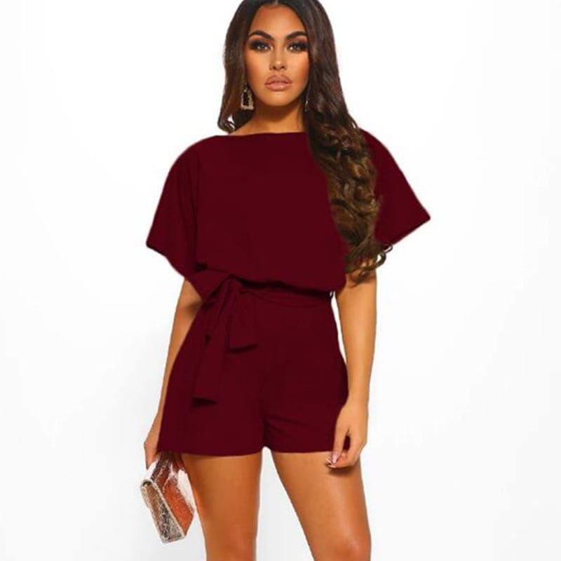 Chic Solid Color Short-sleeved Jumpsuit With Belt