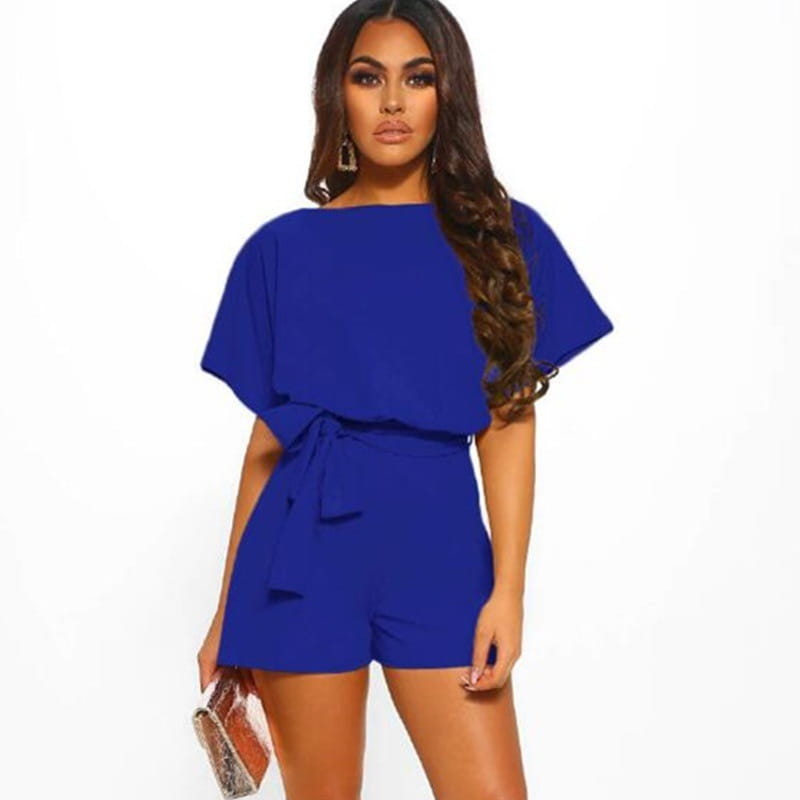 Chic Solid Color Short-sleeved Jumpsuit With Belt