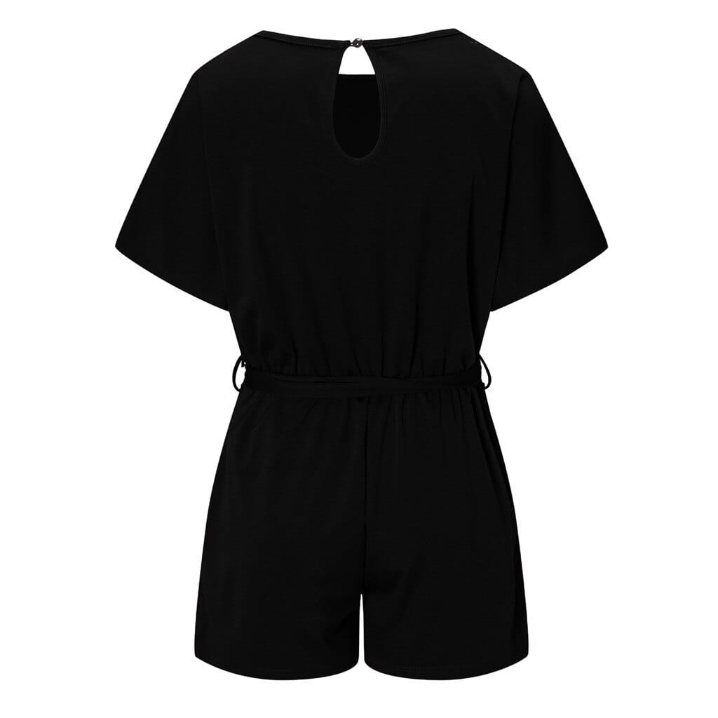 Chic Solid Color Short-sleeved Jumpsuit With Belt