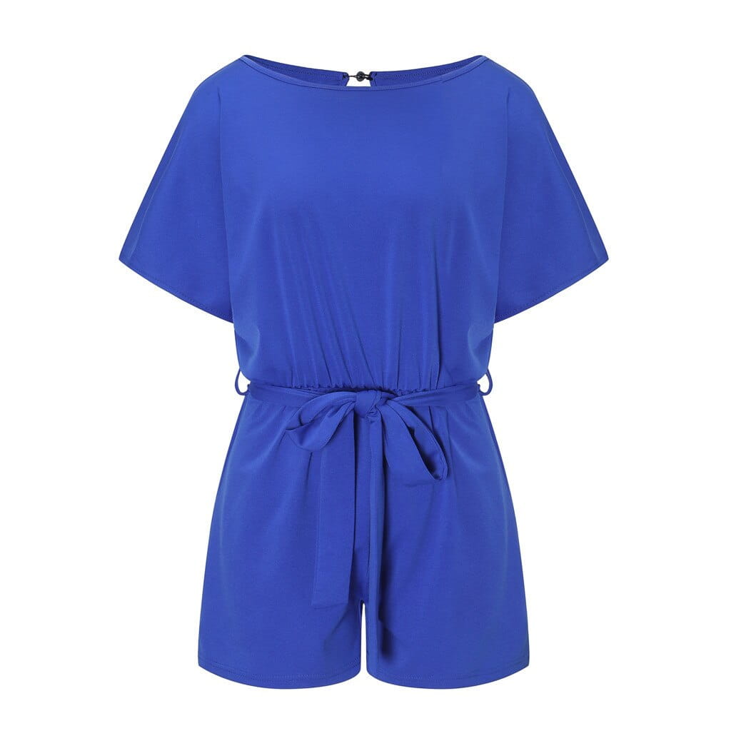 Chic Solid Color Short-sleeved Jumpsuit With Belt