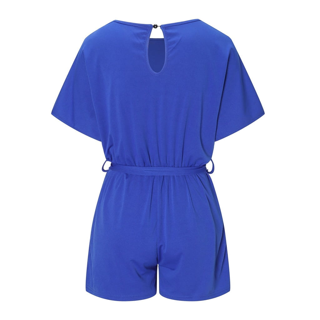 Chic Solid Color Short-sleeved Jumpsuit With Belt