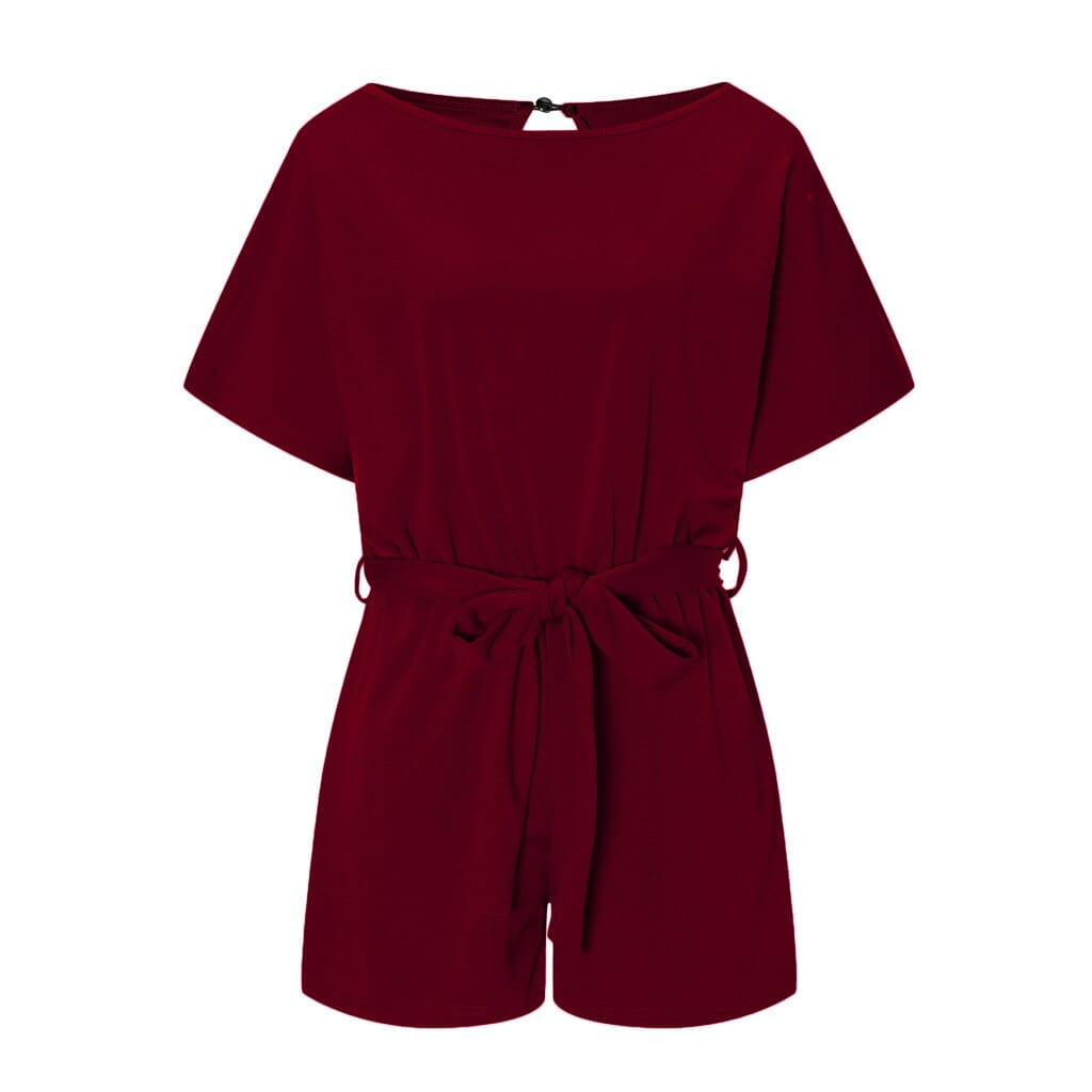 Chic Solid Color Short-sleeved Jumpsuit With Belt