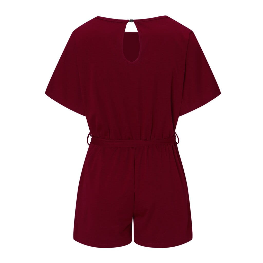 Chic Solid Color Short-sleeved Jumpsuit With Belt