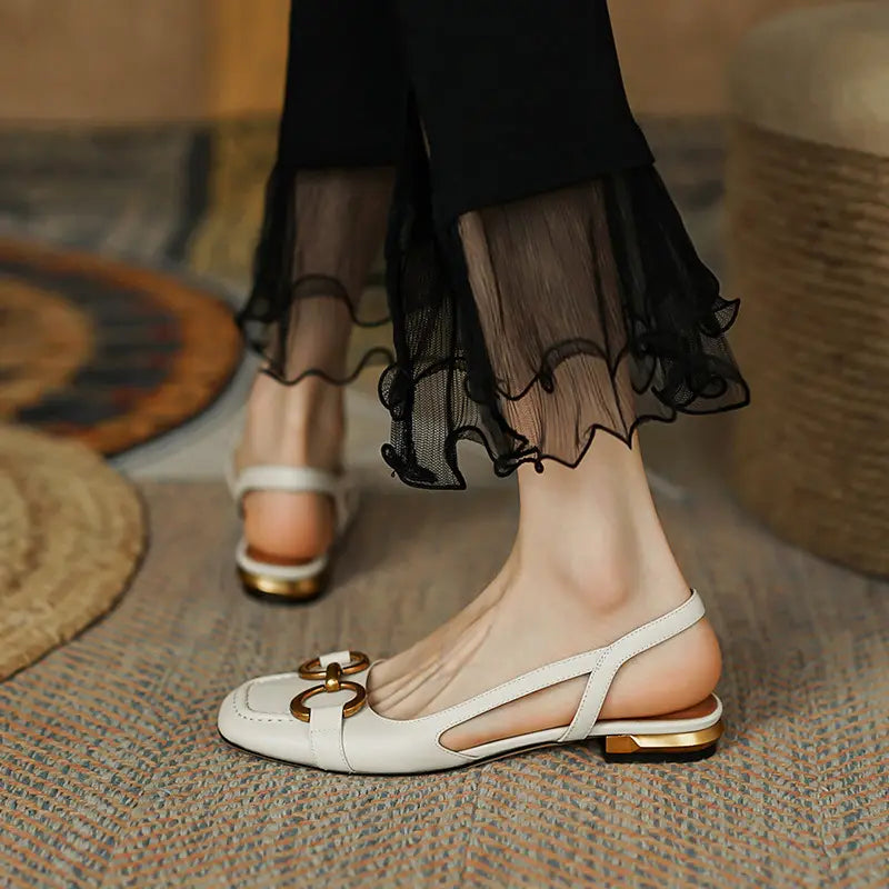 French Sandals With Metal Horsebit Buckle Hollow Back Single Shoes Flat Shoes