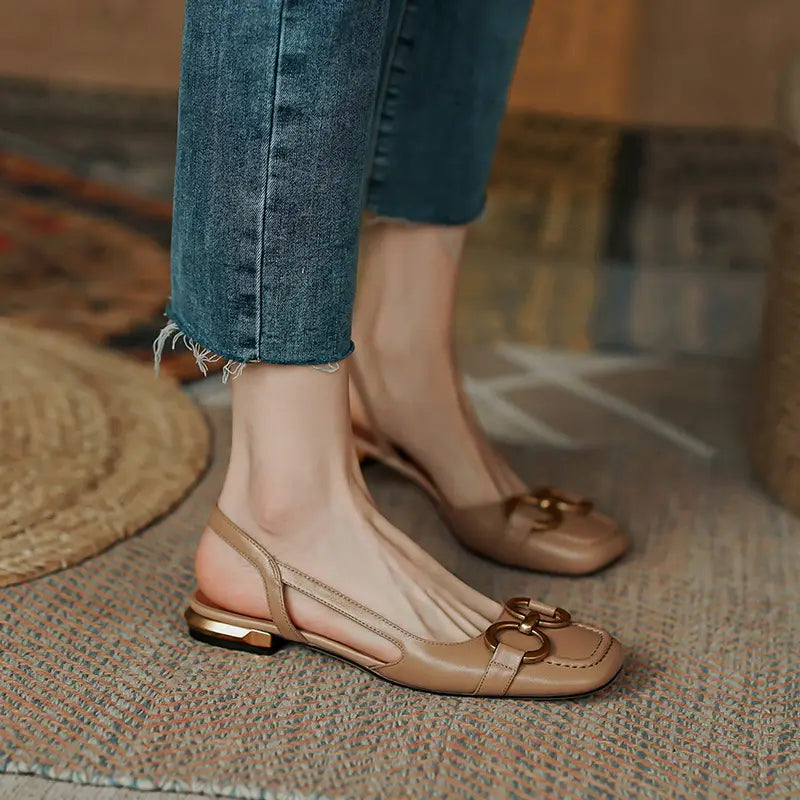 French Sandals With Metal Horsebit Buckle Hollow Back Single Shoes Flat Shoes