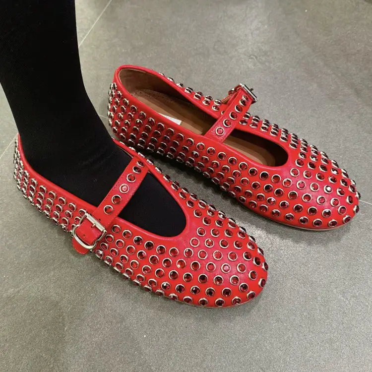 Sheepskin Round Toe Rhinestone Rivet Mary Jane Shoes Women’s Flat Dancing Shoes