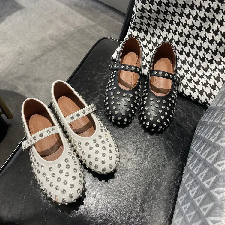 Sheepskin Round Toe Rhinestone Rivet Mary Jane Shoes Women’s Flat Dancing Shoes